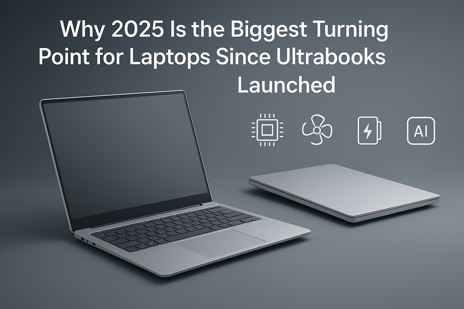 Illustration of the Laptop Market Turning Point 2025 with modern ultrathin notebooks in a global workspace
