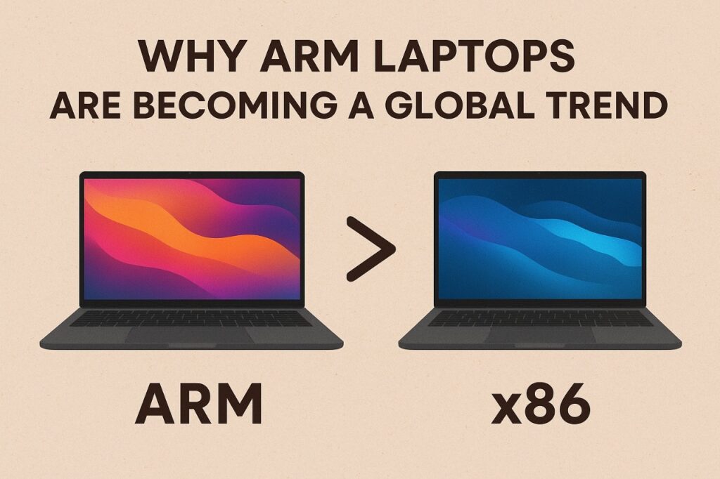 Modern ARM laptops showcasing thin designs, long battery life, and efficient performance in 2025