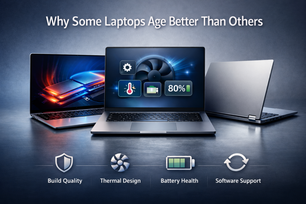 Laptop longevity illustrated through internal components, cooling system, and durable chassis design