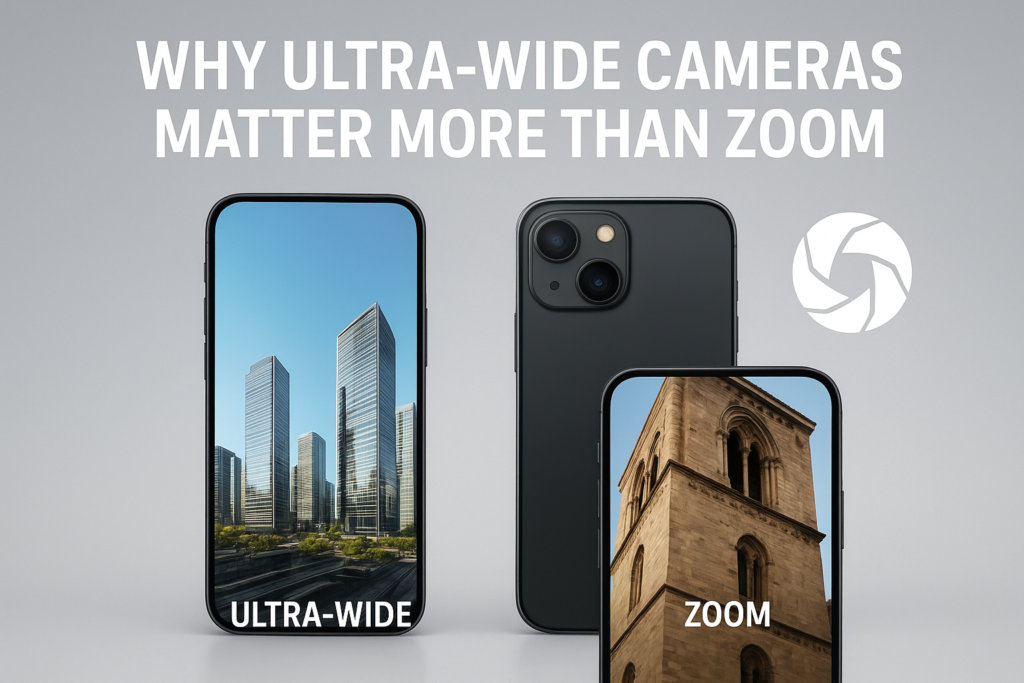 Ultra-wide vs zoom camera comparison showing field of view differences in smartphone photography