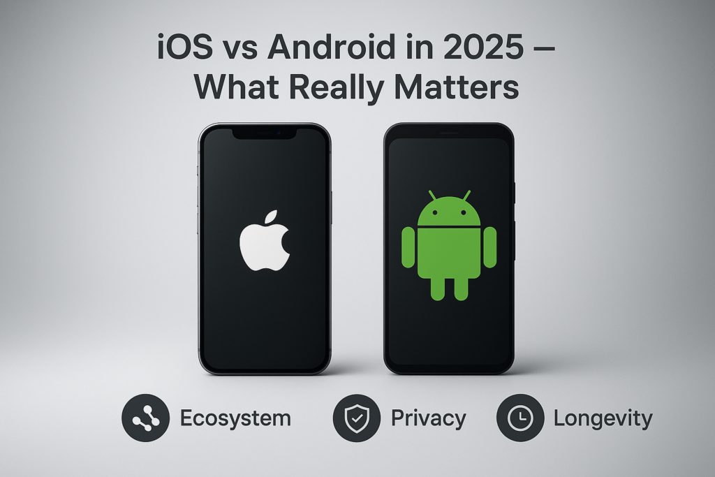 iOS vs Android comparison chart 2025 showing ecosystem, updates, privacy, and customization differences