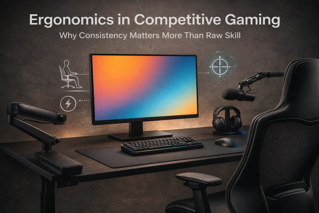 Ergonomics in competitive gaming setup showing posture, desk height, and monitor alignment