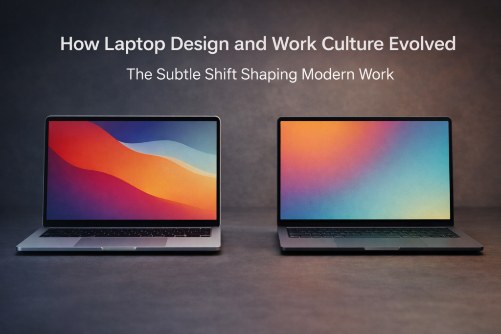 Laptop design and work culture reflected in modern portable, minimalist laptops