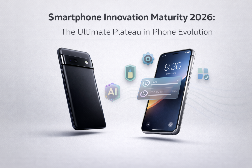Flagship phones in smartphone innovation maturity era with homogenized designs and subtle AI upgrades.