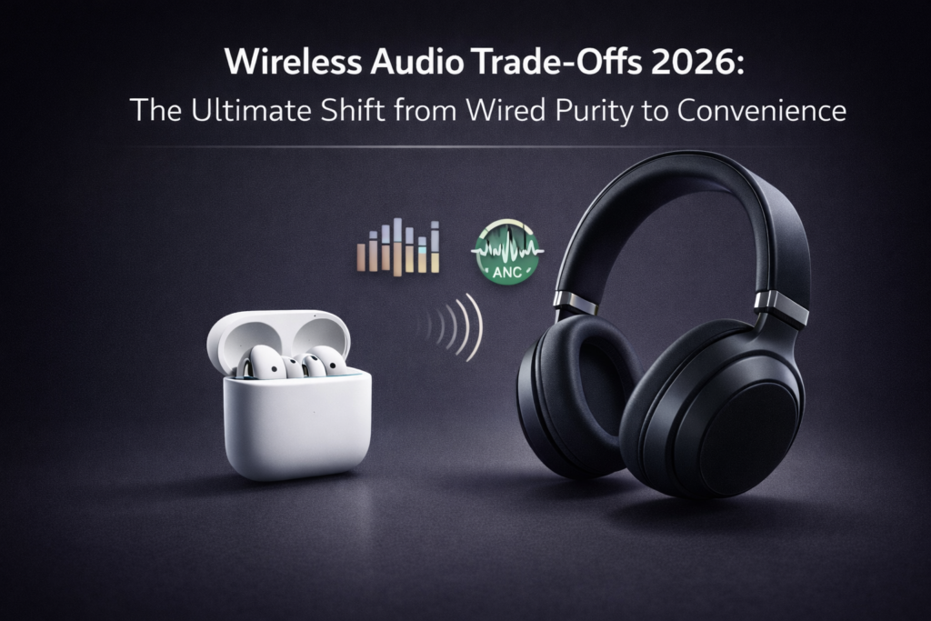 Wireless audio trade-offs 2026 diagram comparing wired signal path vs wireless compression.