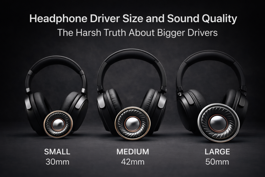 Headphone driver size and sound quality comparison showing large and small drivers