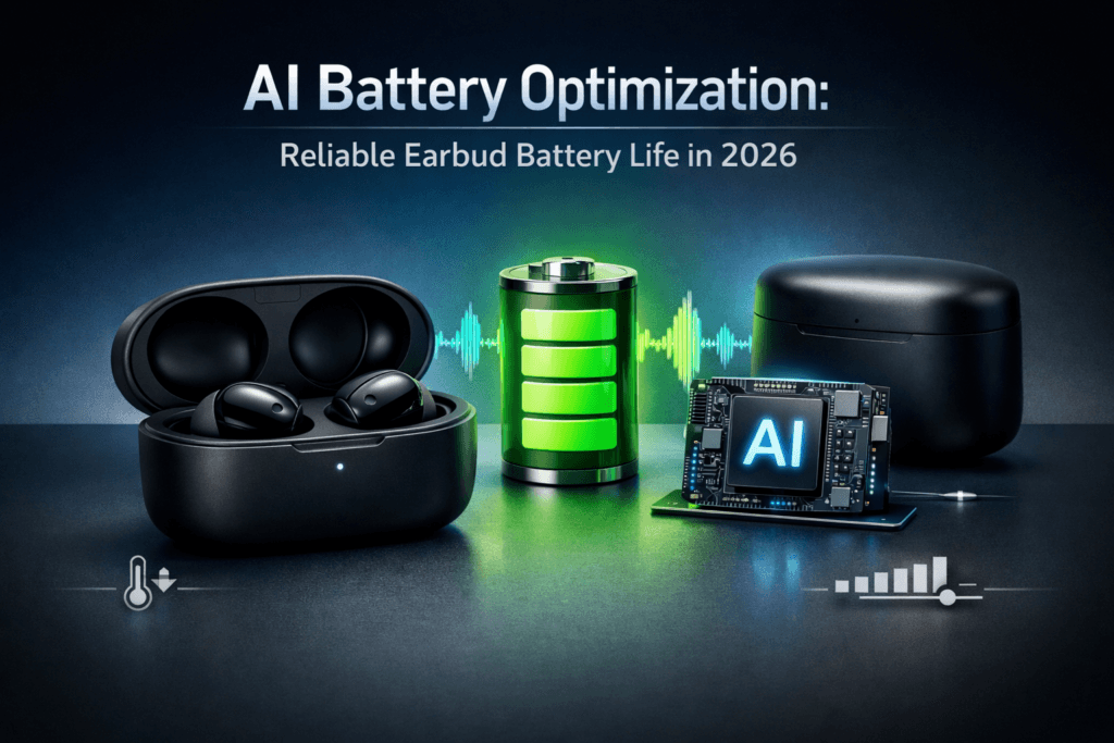 AI battery optimization in wireless earbuds showing power management and chip processing